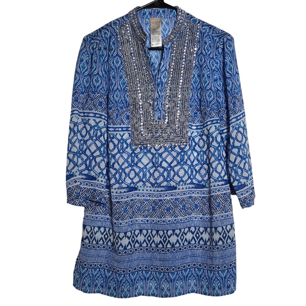 Chicos Blue Rhinestone Tunic Top Chicos 0P US Small Petite Resort Sheer Kurta